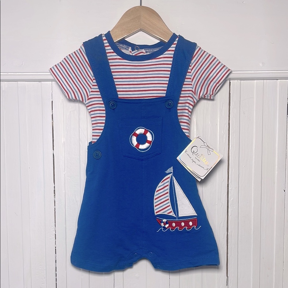 QUILTEX NWT Adorable Nautical Sailboat Appliqué Shortalls Matching Set